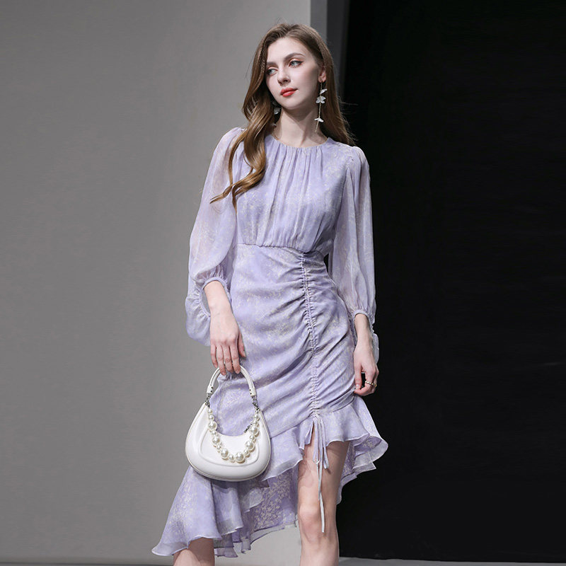 2026春季新款法式温柔风抽绳中长款鱼尾裙显瘦气质长袖碎花连衣裙,女装/女士精品,连衣裙,淘宝优惠券,粉丝福利购,淘宝优惠卷