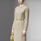 时尚 2025秋冬季 新款 轻奢名媛镂空胸花小香格子亮片粗花呢连衣裙