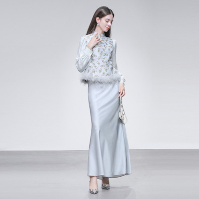 2025秋新款气质复古立领国风提花马甲+高腰仿醋酸缎长款半裙套装