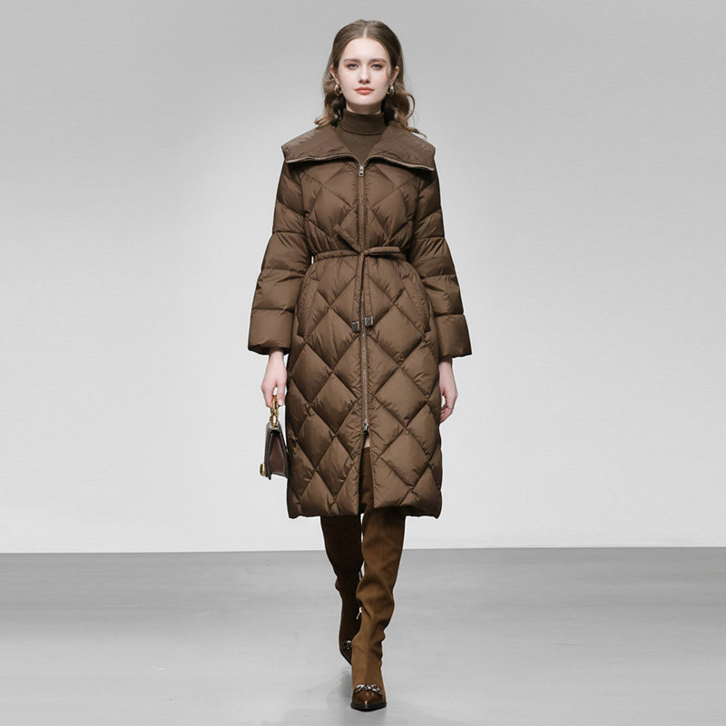2025冬季新款气质百搭大翻领系带收腰中长款90白鸭绒面包羽绒服