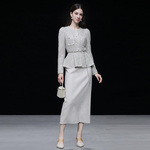 2025秋季新款小香名媛气质圆领收腰蕾丝亮片绣花上衣高腰直筒半裙