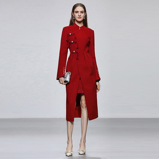 2025秋冬季新中式宴会双面羊毛呢红色大衣修身显瘦中长款外套女