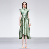 新中式 2026夏季 新款 精致盘扣绿色竹叶提花收腰大摆连衣裙女