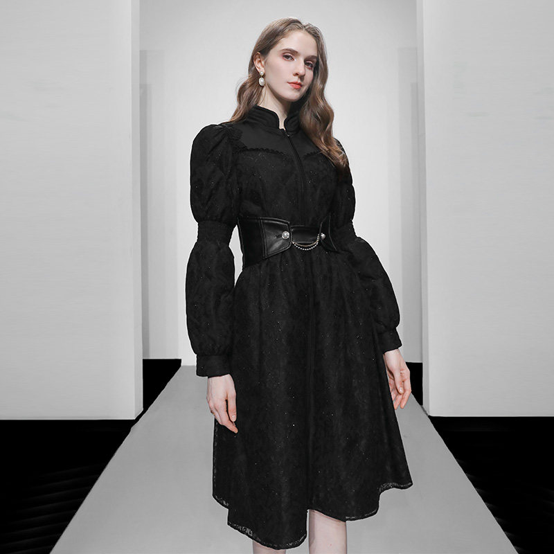 2025冬季新款女装黑色立领中长款白鸭绒羽绒服加厚收腰过膝外套