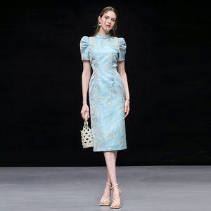 2026夏季新款旗袍气质减龄新中式高端仿宋锦松枝收腰提花连衣裙