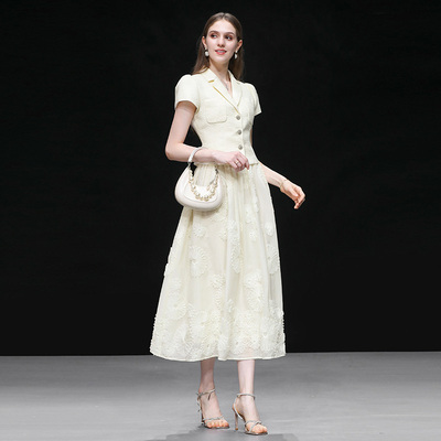 2025夏季新款时尚气质西装上衣高腰A摆网纱雏菊绣花大摆裙套装潮