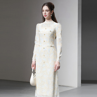 修身 立领设计泡泡袖 直筒撞色扇形双色蕾丝连衣裙女 新款 2025年秋季