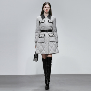 撞色翻领贴袋小香气质系带A字羽绒服外套白鸭绒 时尚 2025冬季 新款