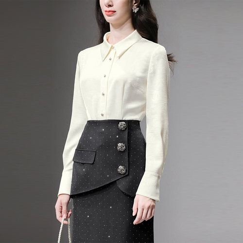 2026春装新款女装时尚玫瑰暗纹缎面上衣高腰显瘦烫钻半裙套装女