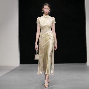 2026年夏季新款新中式立领短袖收腰长款雪纺提花直筒旗袍连衣裙