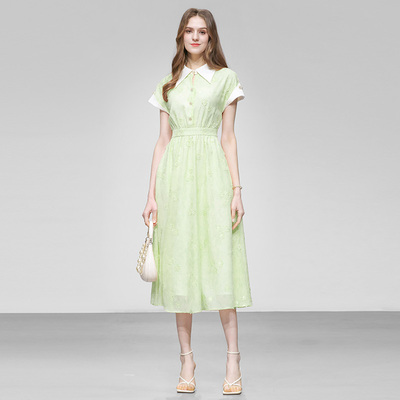 2025夏季新款气质立体花朵通勤裙子时尚撞色翻领收腰大摆连衣裙女