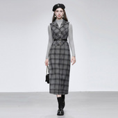 新款 时尚 气质翻领无袖 2025冬季 收腰直筒长裙学院风格 子连衣裙女