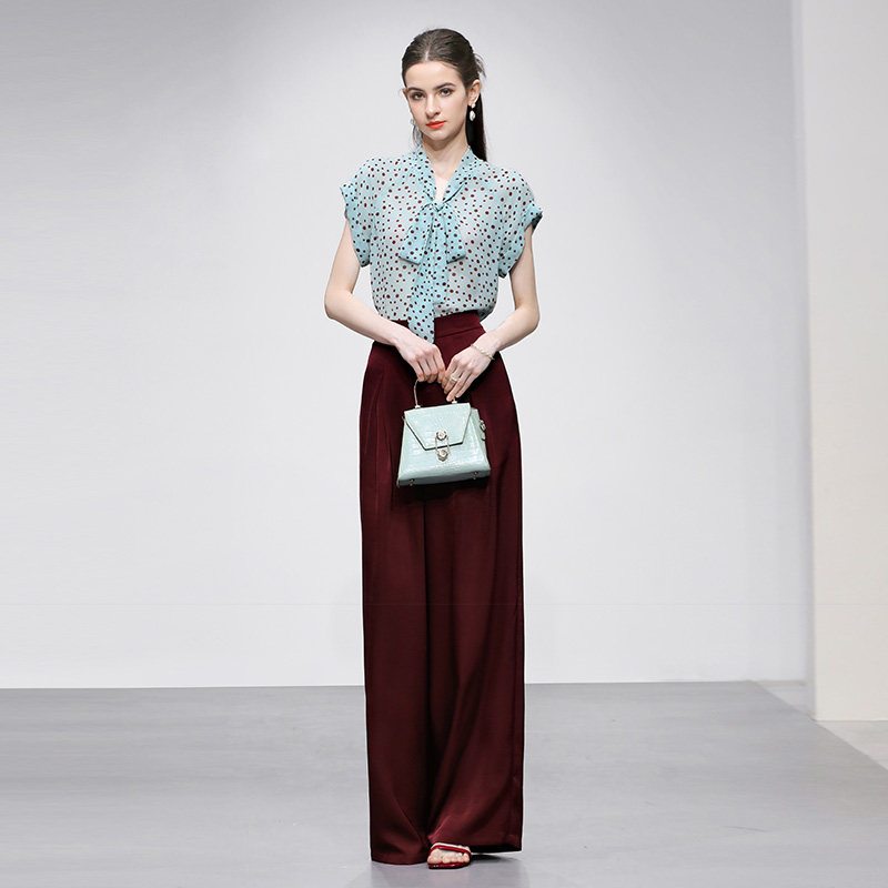 2026夏季新款翻领短袖撞色波点雪纺衬衫+高腰仿醋酸缎阔腿裤套装