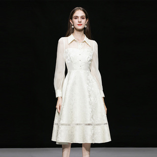 2026春季新款简约复古提花拼接衬衣欧根纱收腰大摆中长款连衣裙