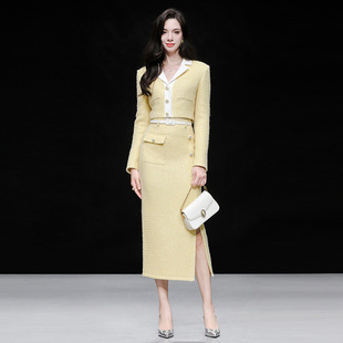 2025秋冬季千金风短款修身粗花呢外套高腰显瘦直筒半裙套装潮