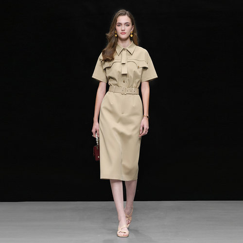 2026夏季新款时尚简约连袖工装风收腰A字中长百搭酷飒连衣裙女装