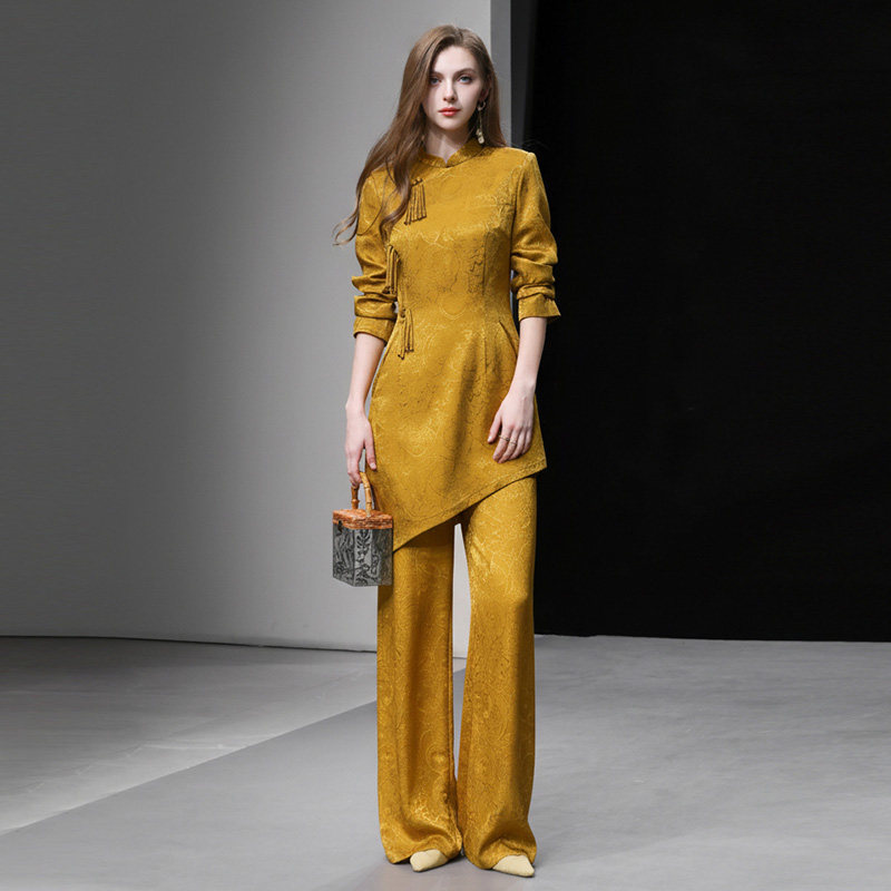 2026春新款新中式国风提花灯笼袖上衣+高腰阔腿人丝提花长裤套装,女装/女士精品,时尚套装,淘宝优惠券,粉丝福利购,淘宝优惠卷