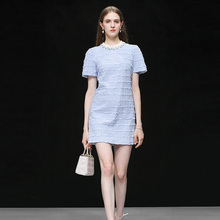 2025夏季新款女装气质蓝色短袖修身收腰显瘦A字裙连衣裙短裙裙子