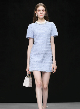 2026夏季新款女装气质蓝色短袖修身收腰显瘦A字裙连衣裙短裙裙子