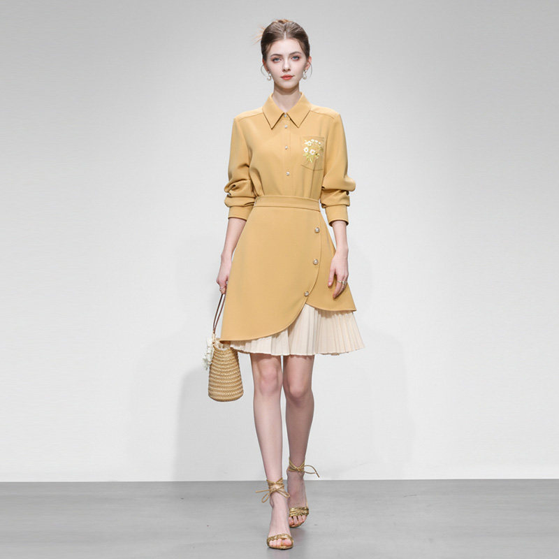 2026春装新款刺绣衬衣拼接百褶半裙套装气质显瘦