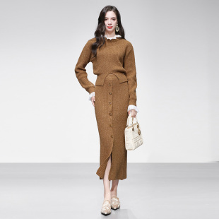 20253秋冬季短款针织拼接蕾丝花边宫廷风上衣高腰显瘦半裙套装