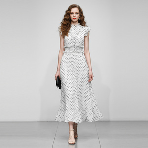 2026夏季新款时尚气质荷叶边袖复古百搭波点大摆长裙雪纺连衣裙女