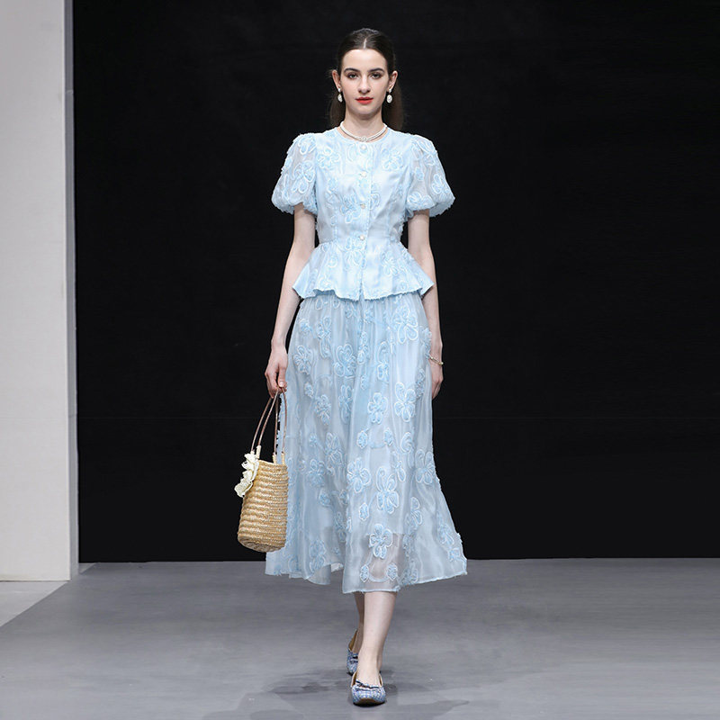 2026年夏季新款圆领泡泡袖收腰绣花上衣+高腰A字绣花半身裙套装