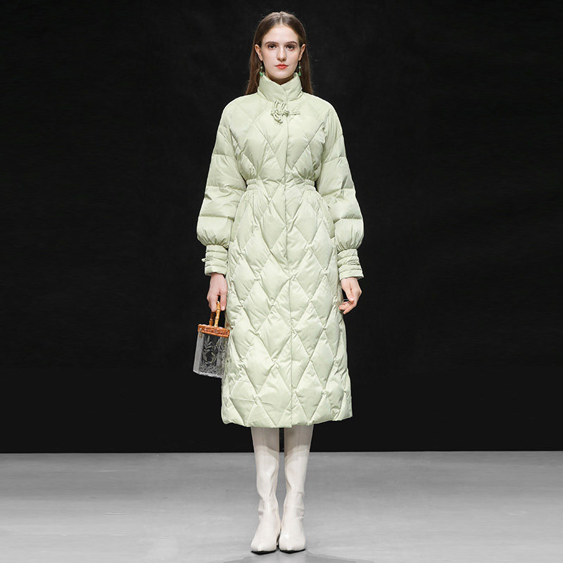 2025冬季新款新中式国风提花立领灯笼袖收腰长款过膝A摆羽绒服女