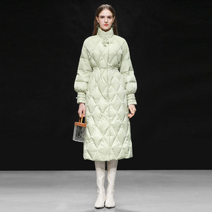 2025冬季新款新中式国风提花立领灯笼袖收腰长款过膝A摆羽绒服女