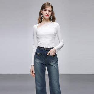 不规则设计感斜领T恤收腰显瘦长袖 时尚 T恤 新款 2026年春季