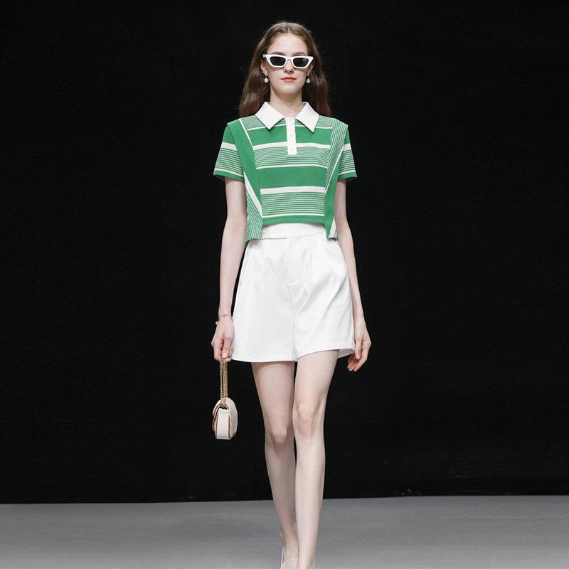 2026夏季新款休闲条纹POLO领T恤短袖上衣高腰百搭白色短裤套装潮