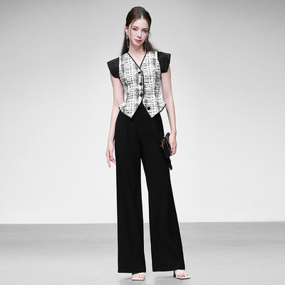 2025夏季新款时尚休闲气质V领撞色印花上衣+高腰直筒阔腿西裤套装