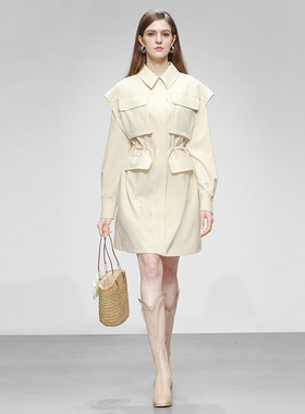 2025秋季女装新款简约休闲短款风衣假两件连衣裙
