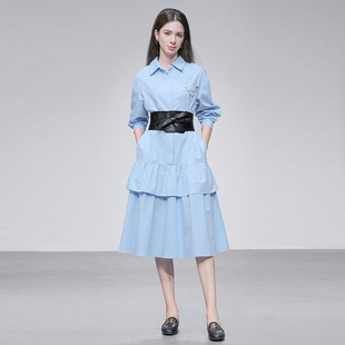 2026春季新款时尚通勤翻领长袖荷叶边衬衣裙系带束腰连衣裙女装