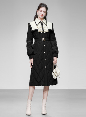 2025冬季新款气质撞色拼接大翻领灯笼袖过膝羽绒服90白鸭绒外套