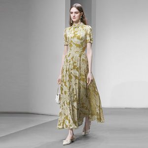 2026夏季新款优雅气质新中式国风撞色提花雪纺收腰大摆长裙连衣裙