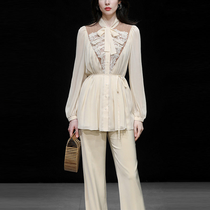 QC2024春季新款复古时尚优雅气质撞色拼接花边雪纺衬衫