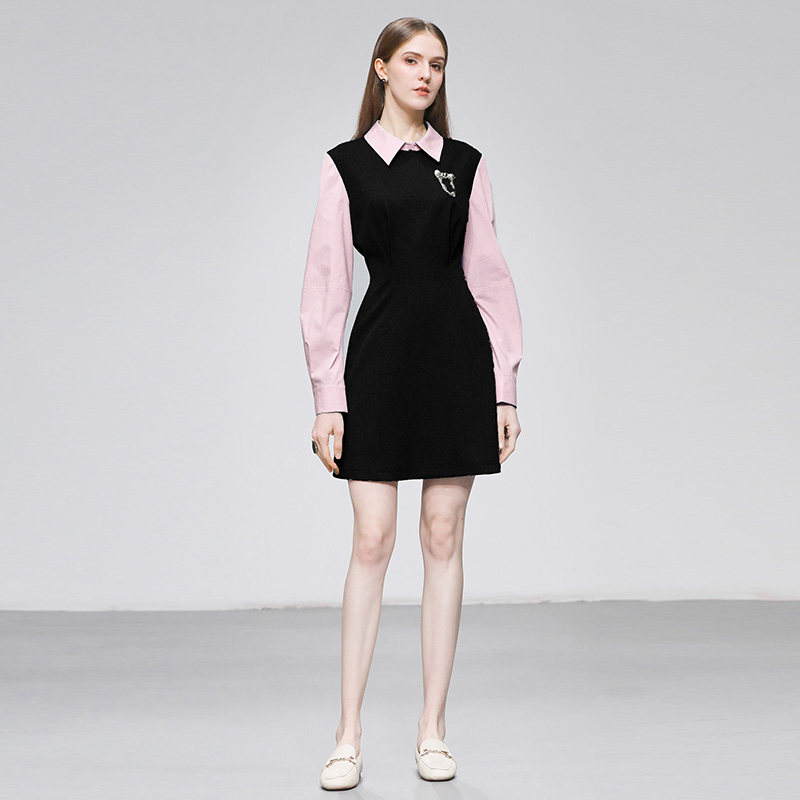 20256春季时尚气质miu系撞色拼接翻领长袖收腰A字短款连衣裙女