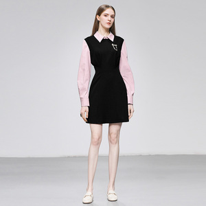 2026春季时尚高级气质miu系撞色拼接翻领长袖收腰A字短款连衣裙女