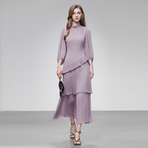 2026春季新款优雅法式立领灯笼袖收腰荷叶边长裙灰紫连衣裙女装