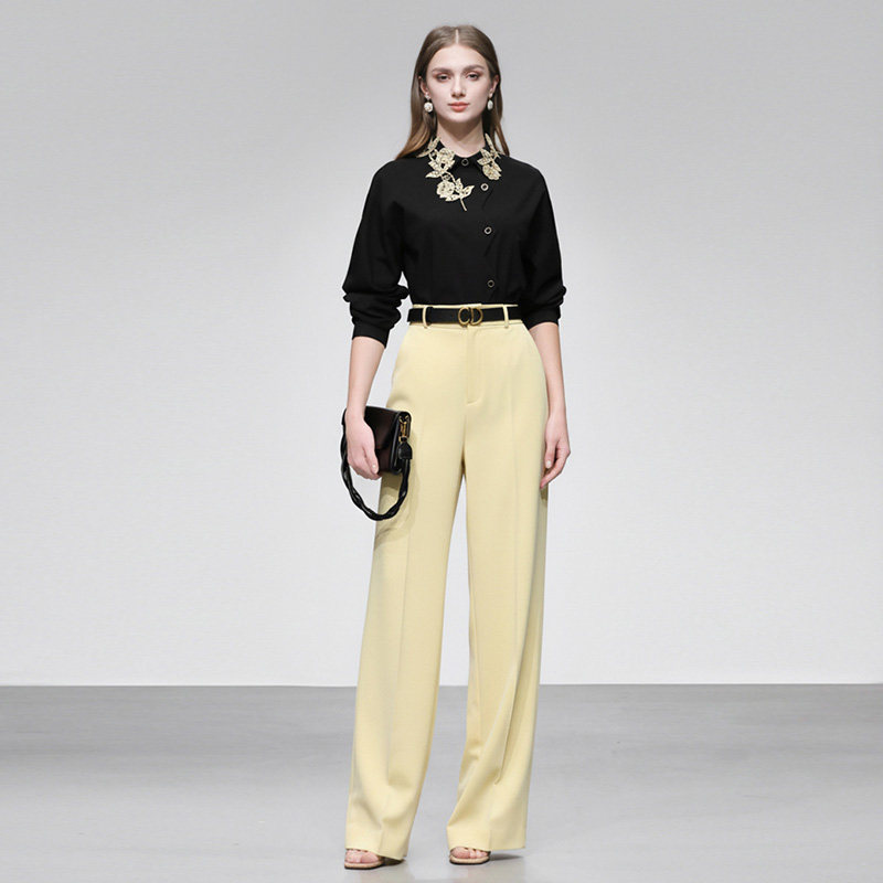 2026春季新款时尚翻领贴花撞色设计感衬衣+高腰直筒长裤套装