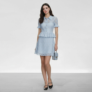 2026夏季新款法式千金风翻领收腰荷叶边蕾丝上衣+高腰A字半裙套装