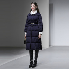 2025冬季新款富家千金风蕾丝撞色娃娃领系带中长款加厚羽绒服女装