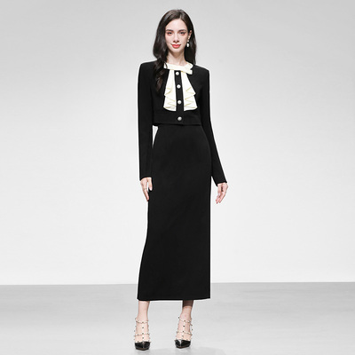 2025秋季新款女装时尚千金风撞色蝴蝶结外套修身直筒半裙长裙套装