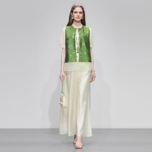 2026夏季新款国风新中式圆领提花上衣高腰阔腿裙裤九分裤套装