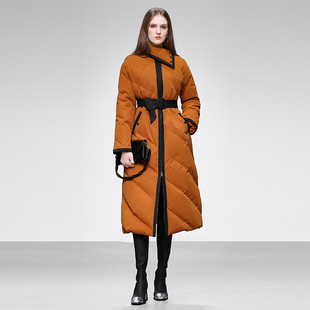 20253冬季女装时尚撞色包边翻领收腰中长款亮闪斜纹羽绒服外套