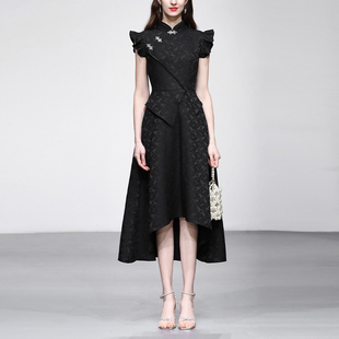 夏季女装2026新款气质黑色立领收腰显瘦提花旗袍连衣裙长裙女