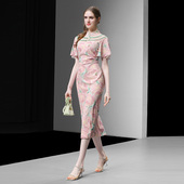 饰荷叶袖 2026夏季 立领花边装 新中式 收腰抽褶粉色印花旗袍裙 新款