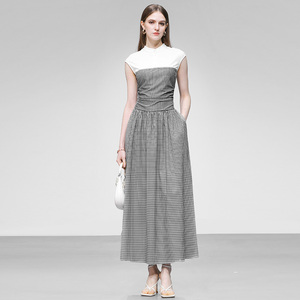 2026夏季新款时尚气质撞色拼接法式长裙修身显瘦格子连衣裙女