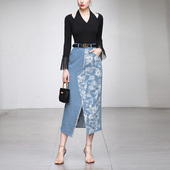 新款 女装 法式 QC2023秋装 镂空紧身针织上衣牛仔开衩百搭半裙套装